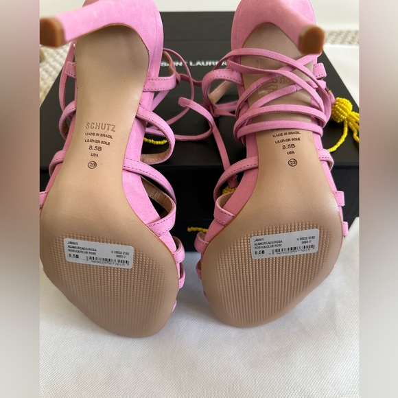 NWT Shultz Pink Suede Strappy Sandals with Yellow Beaded Tassels - Picture 7 of 7